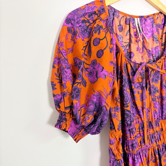Anthropologie Somerset Floral Puff Sleeve Tiered Maxi Dress Orange Purple S Boho - Picture 11 of 11
